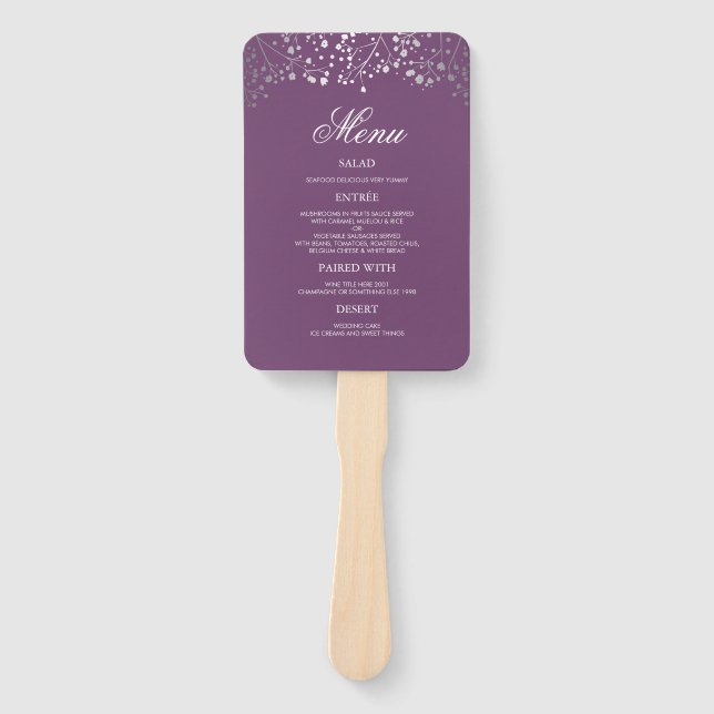 Leque Menus de Casamento de Prata e Roxo de Prata (Frente)