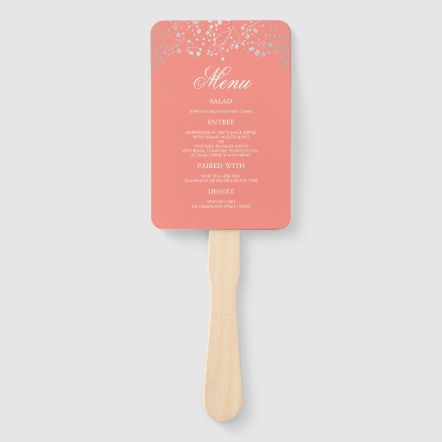 Leque Menus de Casamento de Silver e Coral Blush (Frente)