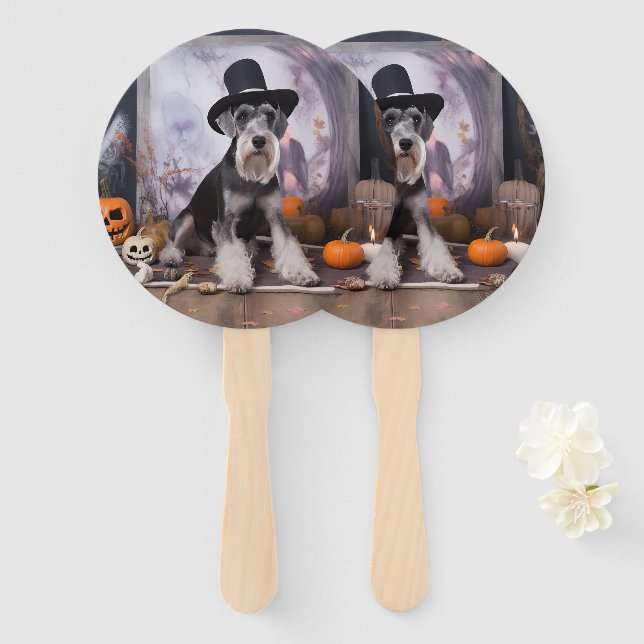 Leque Miniatura Schnauzer Pumpkins Halloween Assustado (Frente e Verso)
