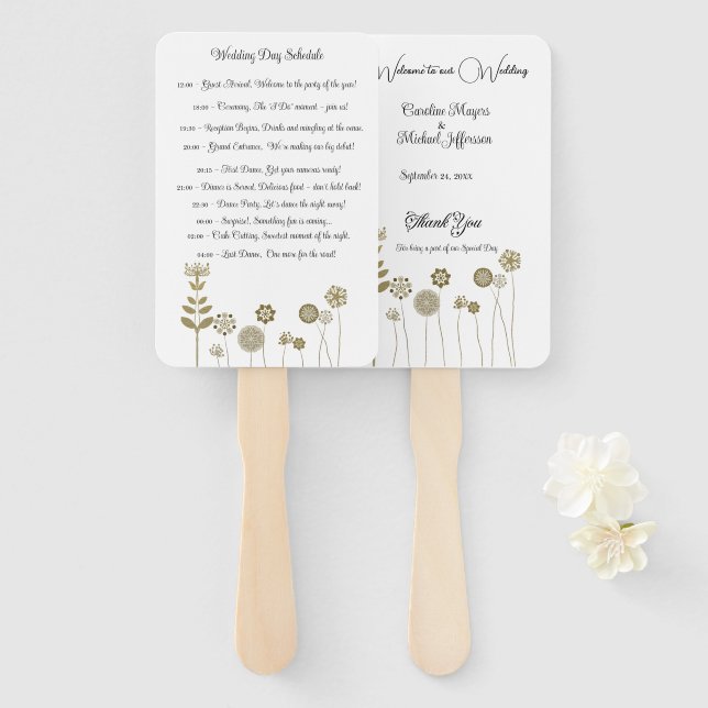 Leque Minimalismo Floral Suave e Dourado do Elegante Ete (Frente e Verso)