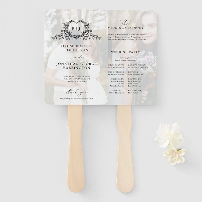 Leque Minimalist Calligraphy monogram Wedding Program (Frente e Verso)