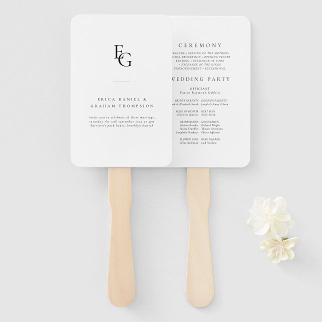 Leque Minimalist Monogram Wedding Ceremony Fan Program (Frente e Verso)