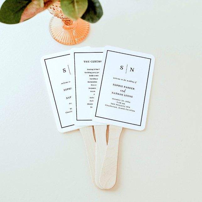 Leque Mínimo e Chic | Casamento de fronteira negra e bra (Modern and minimalist wedding welcome program fans in black and white with your monogram)