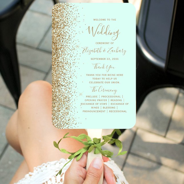 Leque Mint Green Gold Glitter Wedding Program (Criador carregado)