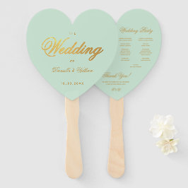 Leque Mint Wedding Program Faux Dourado Script Green Hea