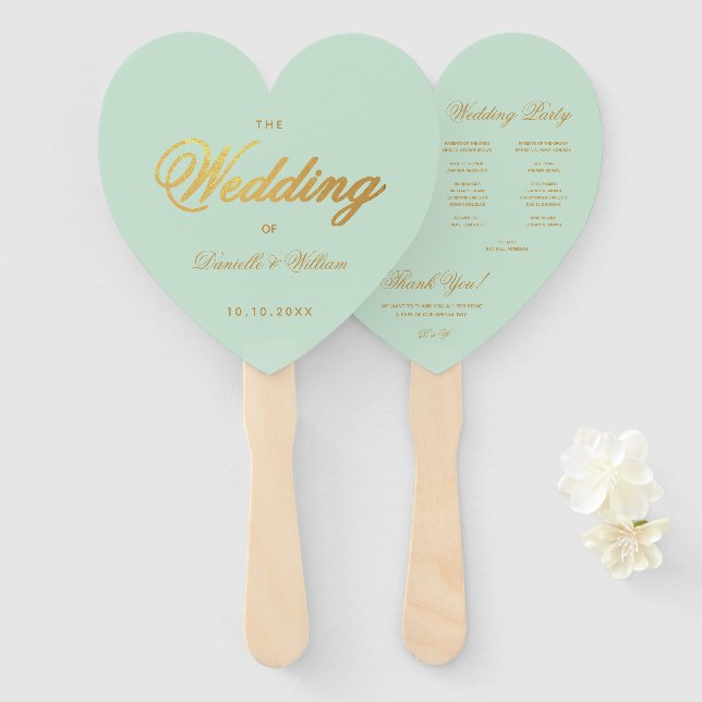 Leque Mint Wedding Program Faux Dourado Script Green Hea (Frente e Verso)