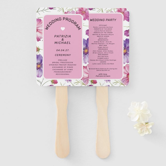 Leque Modern Pink Purple Floral Wedding  Program (Frente e Verso)