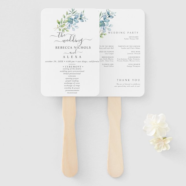Leque Modern Watercolor Eucalyptus Greenery Wedding (Frente e Verso)
