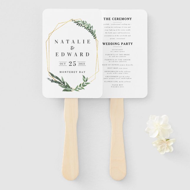 Leque mola aquosa dourada moldura geométrica casamento (Frente e Verso)