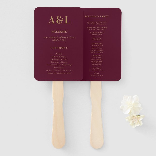 Leque Monograma Minimalista de Casamento Dourado (Frente e Verso)