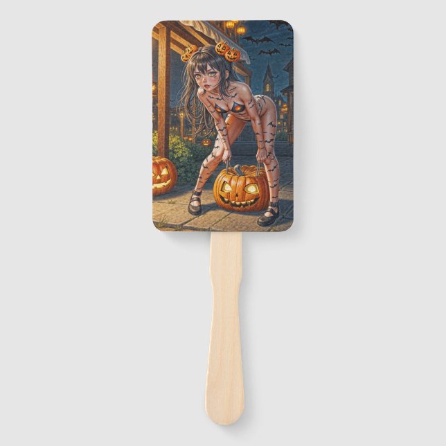 Leque Monstro do Halloween Jack-o-Lantern & Garota Vixe  (Frente)