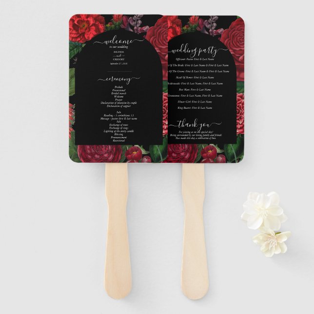 Leque Moody Florals Black Burgundy Wedment Program (Frente e Verso)