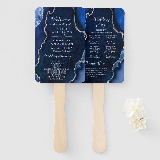Leque Navy Blue and Silver Agate Wedding Program (Frente e Verso)