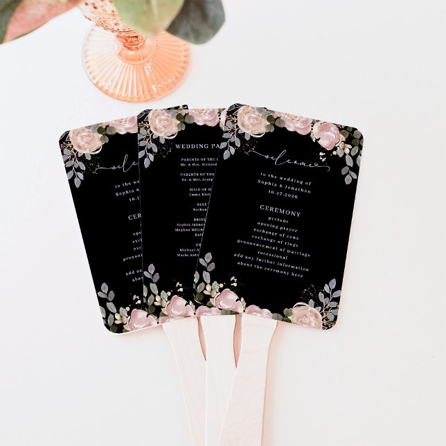 Leque Negra Floral Neutral | Programa Casamento (Elegant, dark black wedding program fans with neutral floral watercolor)