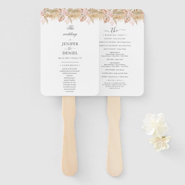 Leque Neutral Palm and Pampas Flower Decor Wedding (Frente e Verso)