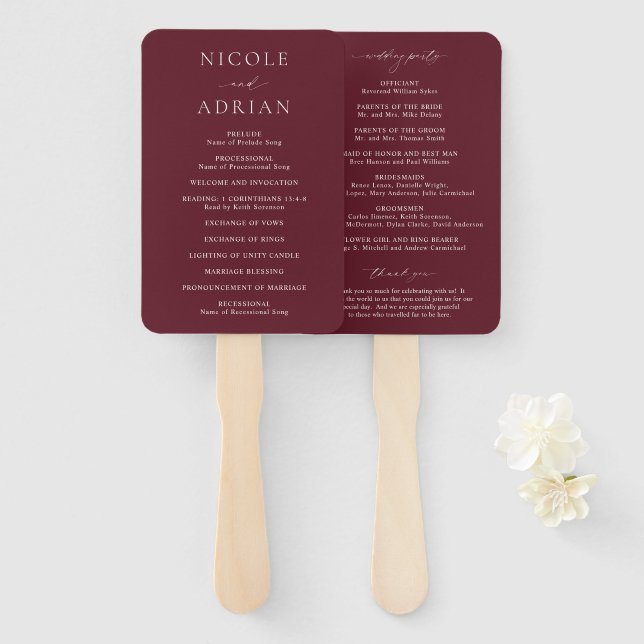 Leque Nicole Merlot Elegant Wedding Program (Frente e Verso)