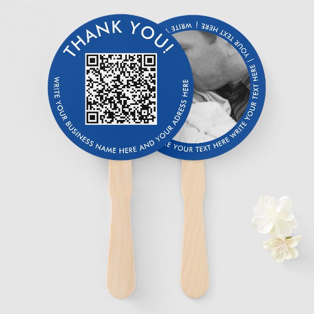 Leque Obrigado Site Blue Código QR Foto Ventoinha de Mão (Frente e Verso)