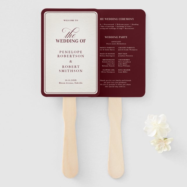 Leque Old Money Modern Formal Burgundy Wedding Program (Frente e Verso)