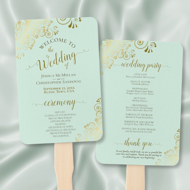 Leque Ornamentado Mint Green & Dourado Elegant Weding Pr (Front/Back)
