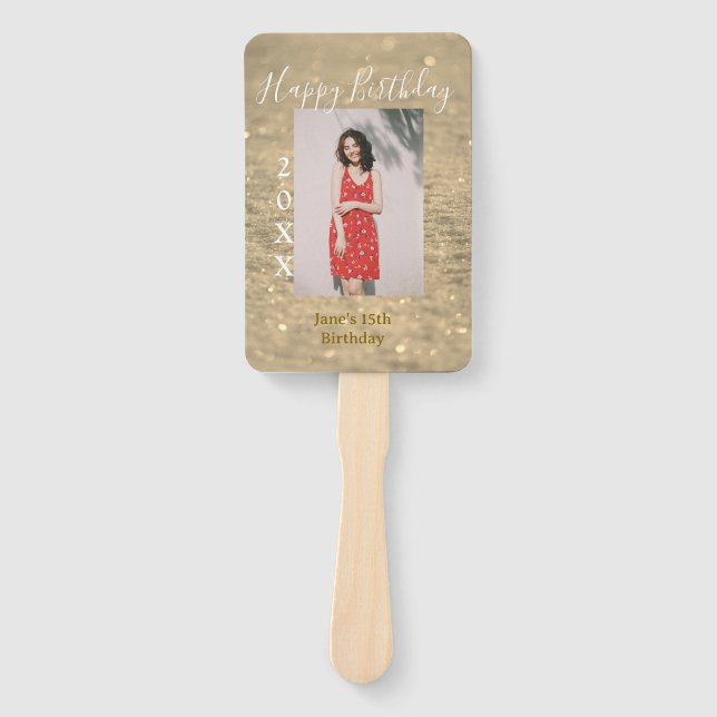 Leque Ouro reluzente feliz 15 de aniversário nome ano (Frente)