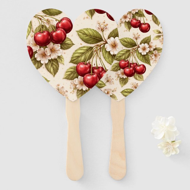 Leque Padrão de Cerejeira Vintage com Cerejas Vermelhas (Frente e Verso)