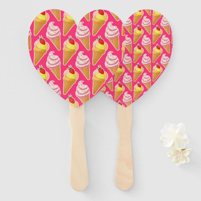 Leque Padrão rosa Kawaii com sorvete de morango (Frente e Verso)