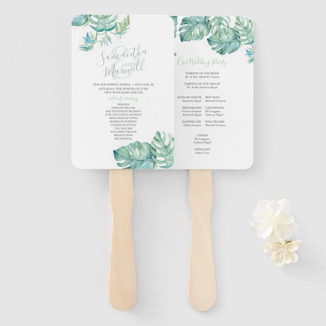 Leque Palma Tropical Deixa Casamento Aquarela (Frente e Verso)