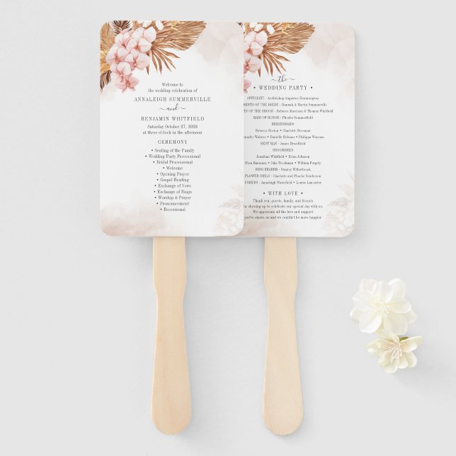 Leque Pampas Grass Botanical Pink Floral Wedment Program (Frente e Verso)