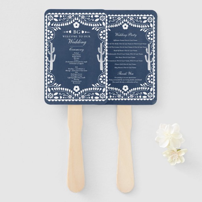 Leque Papel Picado Casamento Mexicano Rústico Azul Casam (Frente e Verso)