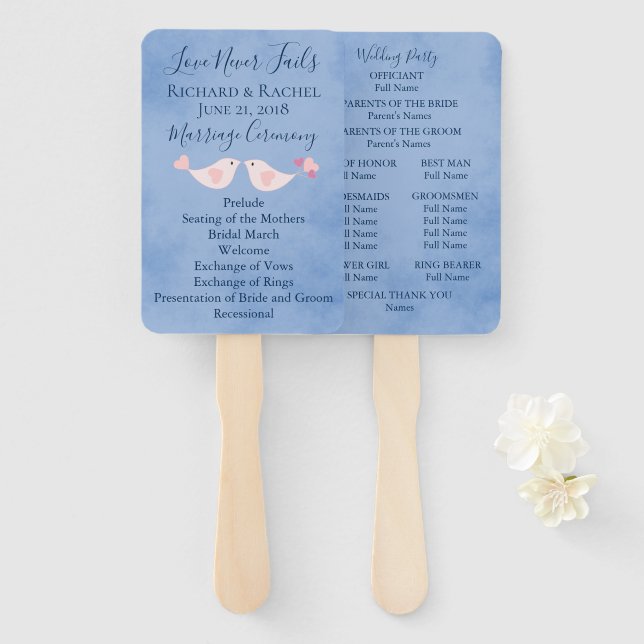 Leque Pássaros de Amor Rosa-Pergaminho Azul (Frente e Verso)