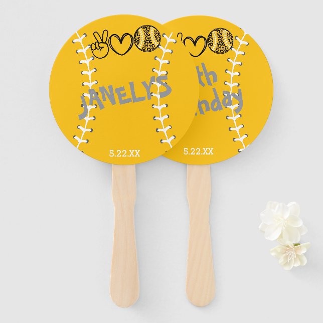 Leque Peace Love Softball Birthday (Frente e Verso)