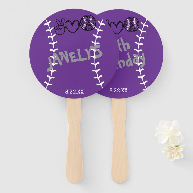 Leque Peace Love Softball Birthday (Frente e Verso)