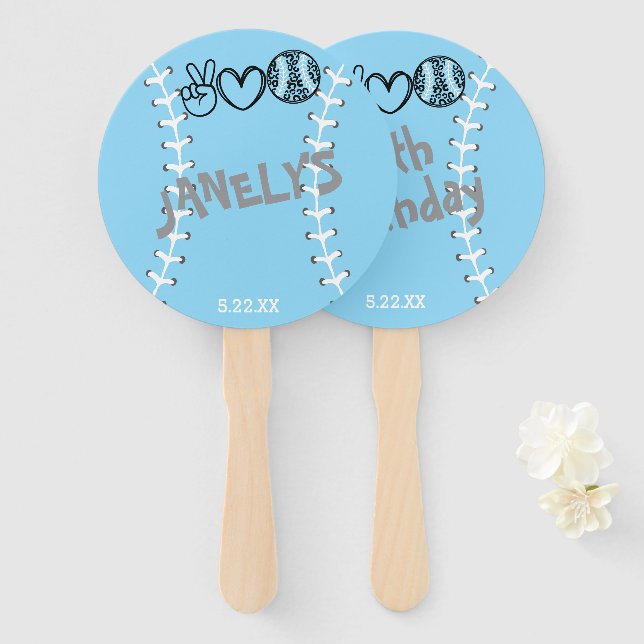 Leque Peace Love Softball Birthday (Frente e Verso)