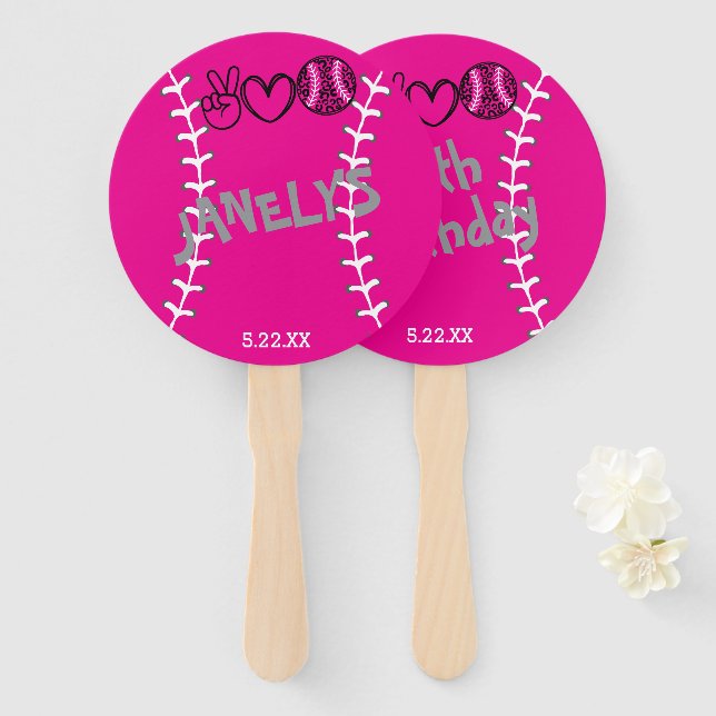 Leque Peace Love Softball Birthday (Frente e Verso)