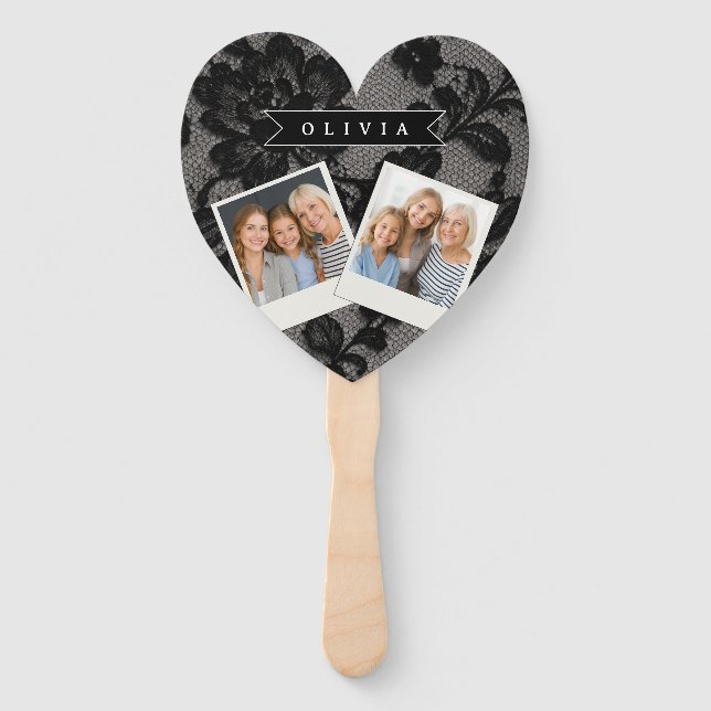 Leque Personalized Black Lace Floral Elegant Monogram (Frente)