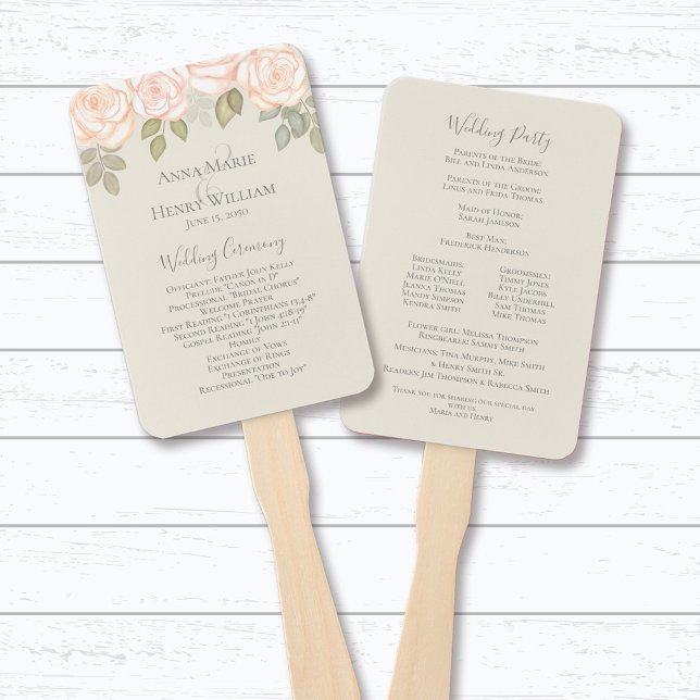 Leque Pêssego Verde Simples Floral de Aquarela Elegante (Elegant peach rose floral wedding program fan with watercolor roses and ceremony details.)