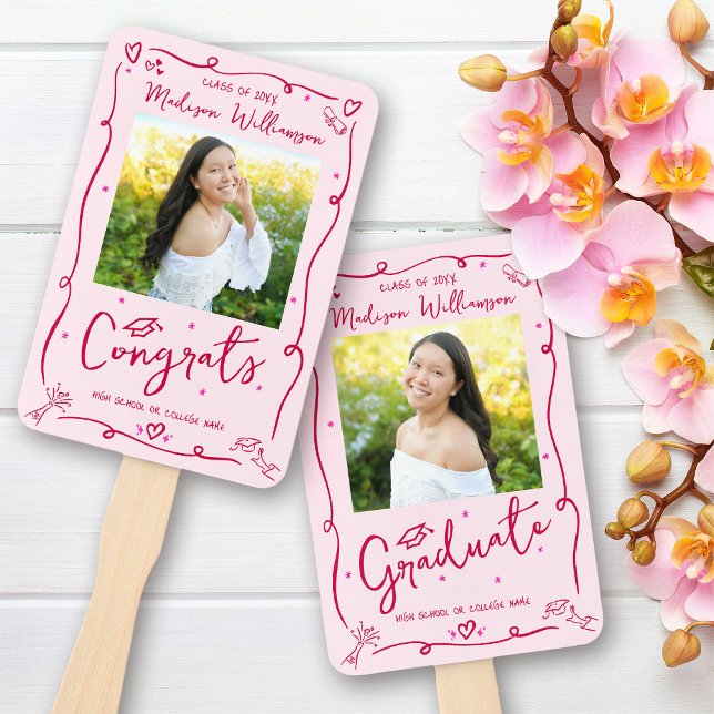 Leque Pink Red Hand Drawn Doodle Graduation 2 Photo Fun (Criador carregado)