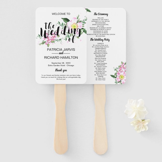 Leque Pink Roses Boho Floral Watercolor (Frente e Verso)