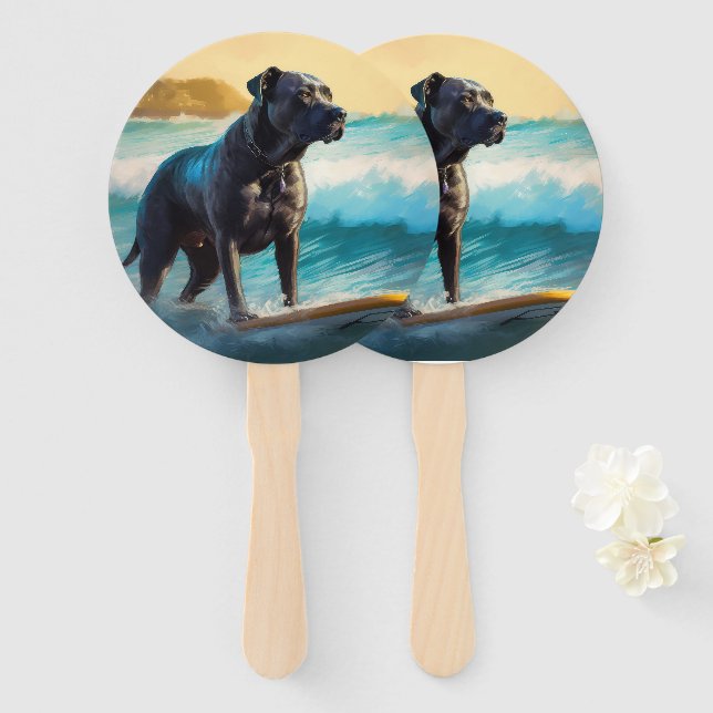 Leque Pintura de Cane Corso na Praia Surfando (Frente e Verso)