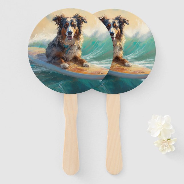 Leque Pintura de Surf na Praia do Australian Shepherd (Frente e Verso)