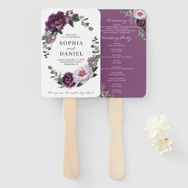 Leque Plum Peonies Purple Floral Weding Program Fan (Frente e Verso)