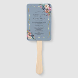 Leque Poeira Azul Charm Floral Rosas Douradas Casamento