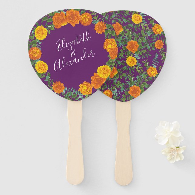 Leque Primavera de Casamento Rosa de Laranja Roxo (Frente e Verso)