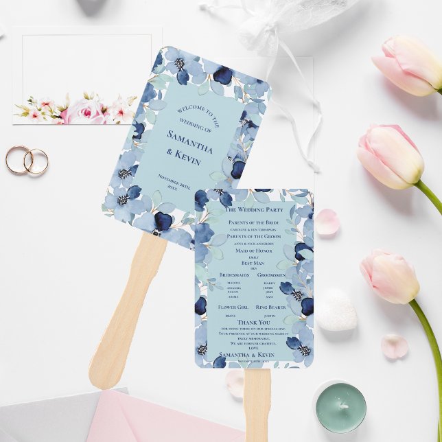 Leque Programa bonito de Casamento Floral Azul de Aquare (Pretty Watercolor Blue Floral Wedding Program Hand Fan)