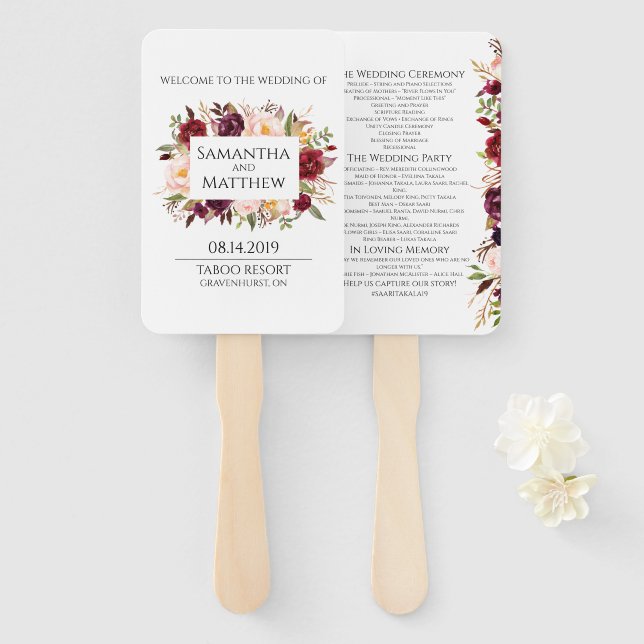 Leque Programa Casamento Bordado de Marsala (Frente e Verso)