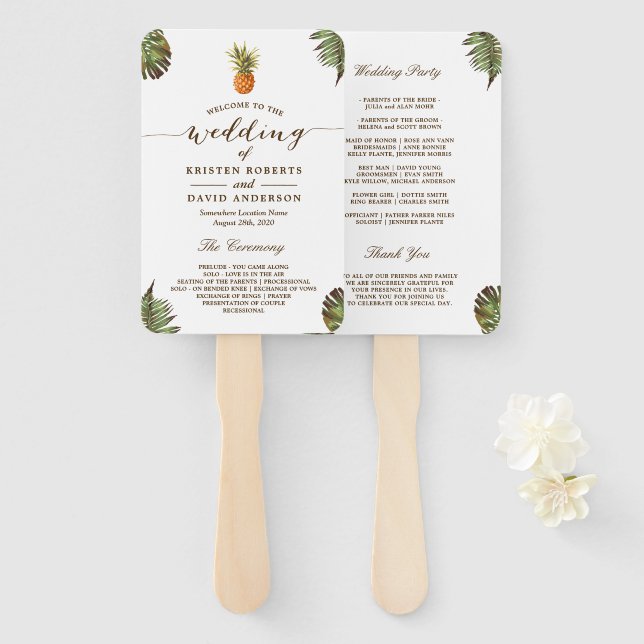 Leque Programa Casamento de Folhas Tropicais Pineapple L (Frente e Verso)