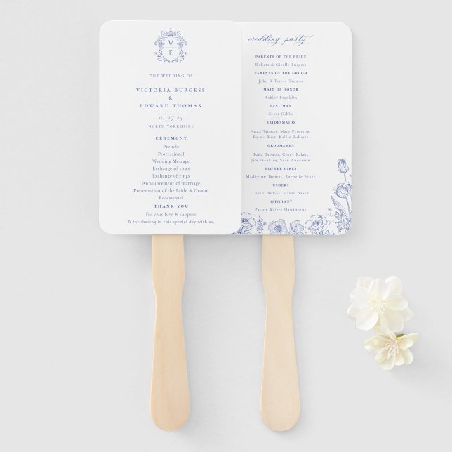 Leque Programa Casamento de Monogramas de Crest Azul Reg (Frente e Verso)