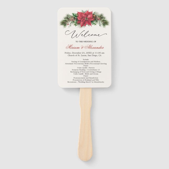 Leque Programa Casamento de Poinsettia Pine Cones Holly (Frente)
