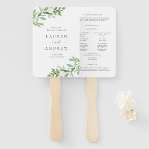 Leque Programa Casamento Dourado de Flores Brancas e Gre