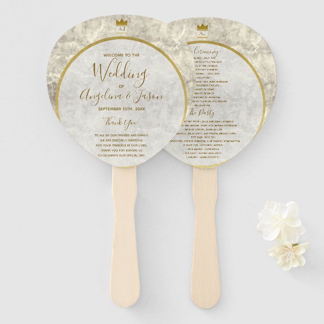 Leque Programa Casamento Dourado Marble (Frente e Verso)